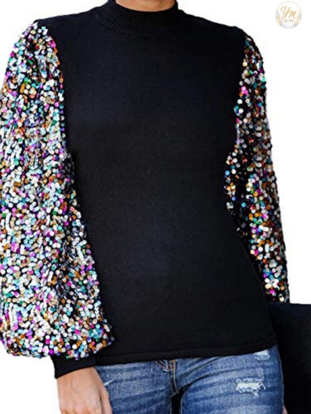 Confetti Sequin Balloon Sleeve Mock Neck Pullover Sweatshirt